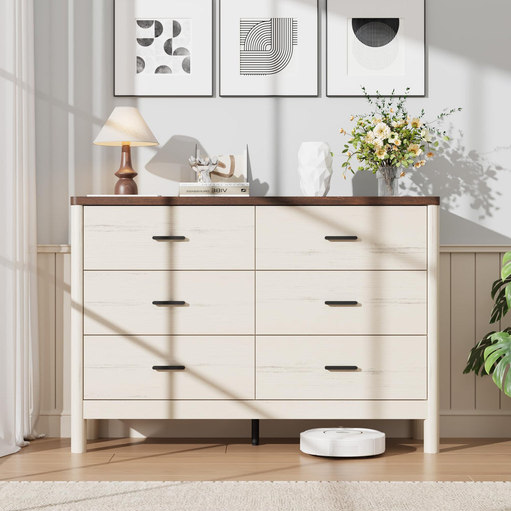 6 Drawer, Wooden Storage Chest of Drawers, White & Brown