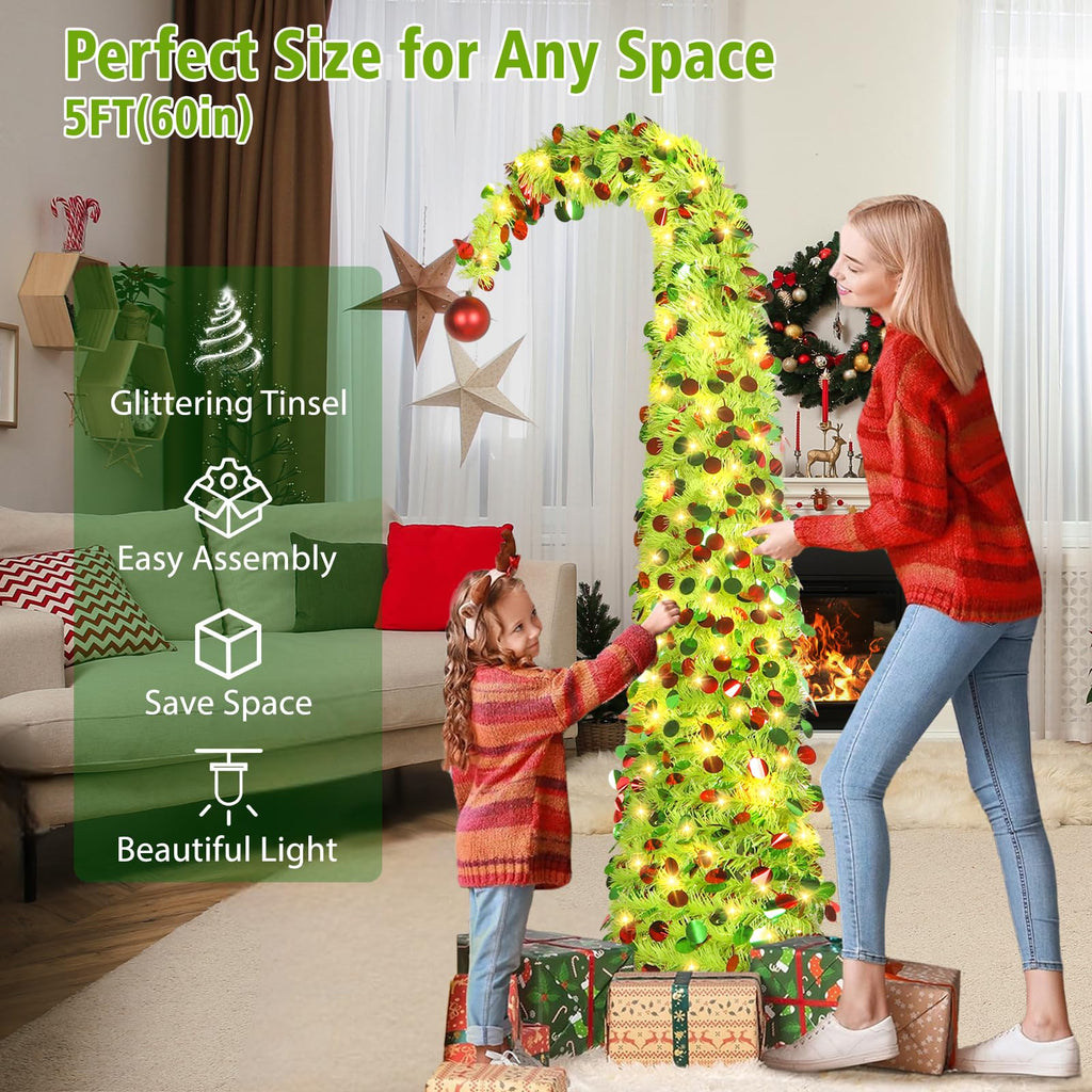 5 FT Whimsical Pop Up with Timer Lights, Lime Green Christmas Tinsel Tree Collapsible Artificial Curved Pencil Tree