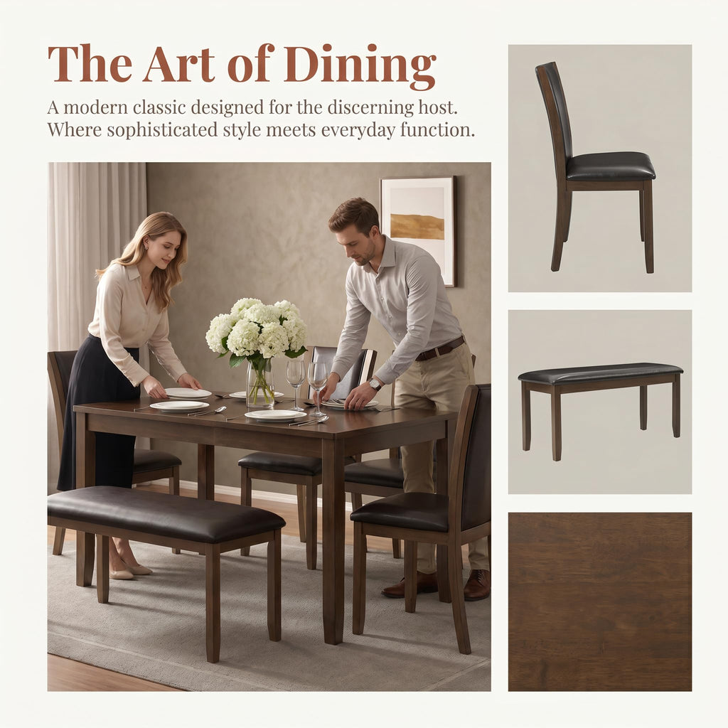 6 Piece Farmhouse Dining Table Set, Traditional Wooden Dinner Table Set for 6, 58.5" Rectangular Table, 4 Curved Back