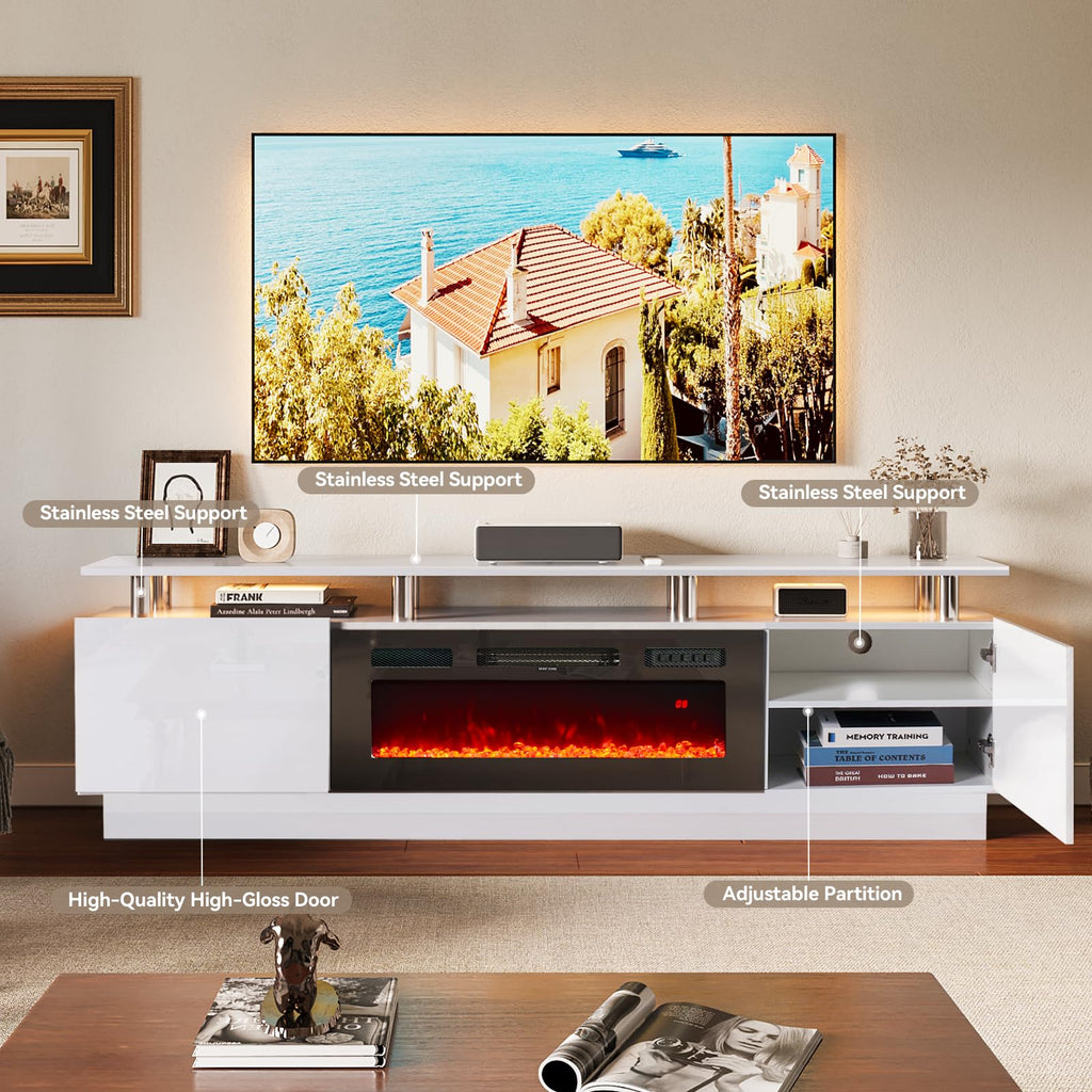 Fireplace TV Stand with 36" Electric Fireplace, 80" 2 Tier TV Console Stand for TVs Up to 90"", LED Light