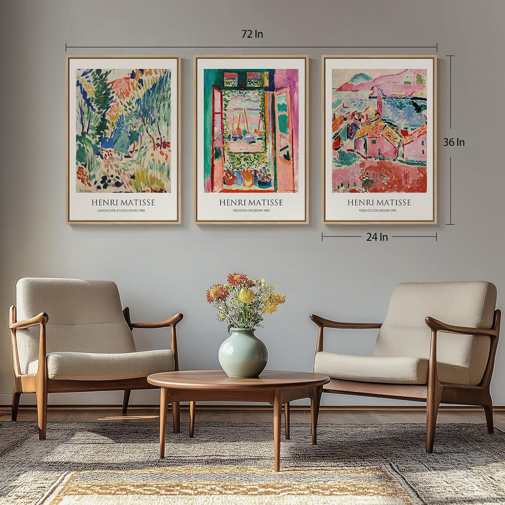Large Framed Matisse Wall Art , 3 Piece Colorful Abstract Canvas Artwork for Walls, Retro Vintage Big Matisse Famous