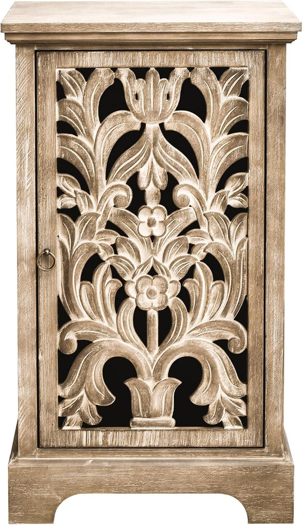 Vintage Hollow Carved Door End Table, Natural | 18x14x30.5", Storage Cabinet with Decorative Panel, Indoor Living