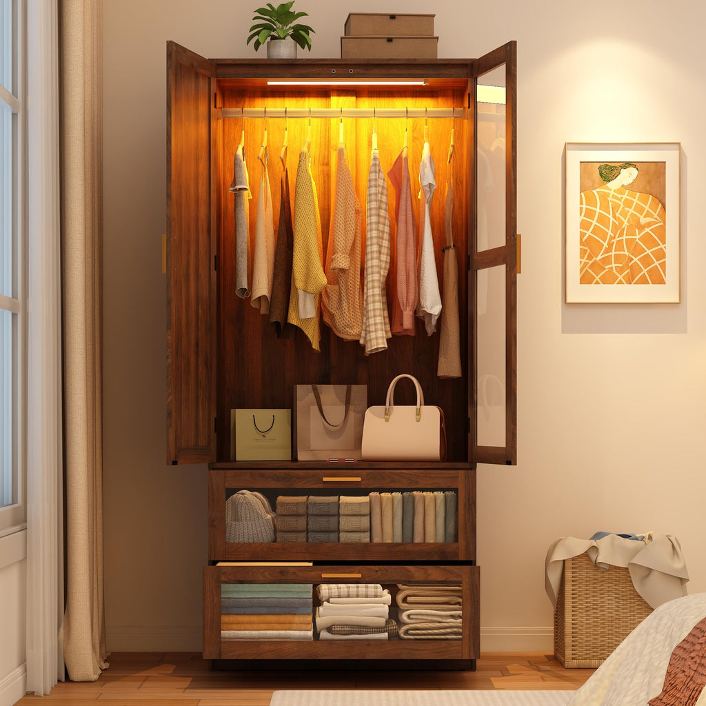 2Doors Armoire Wardrobe Closet with Sensor LED Light and Mirror