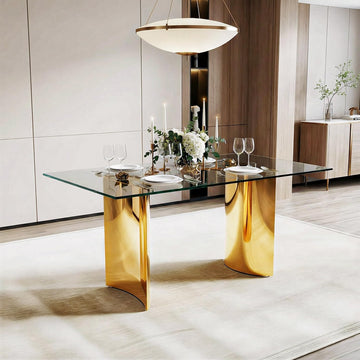 63 inch Glass Dining Table for 6, 0.39 in Thick Glass Top with Gold Stainless Steel Pedestal Dining Room Table