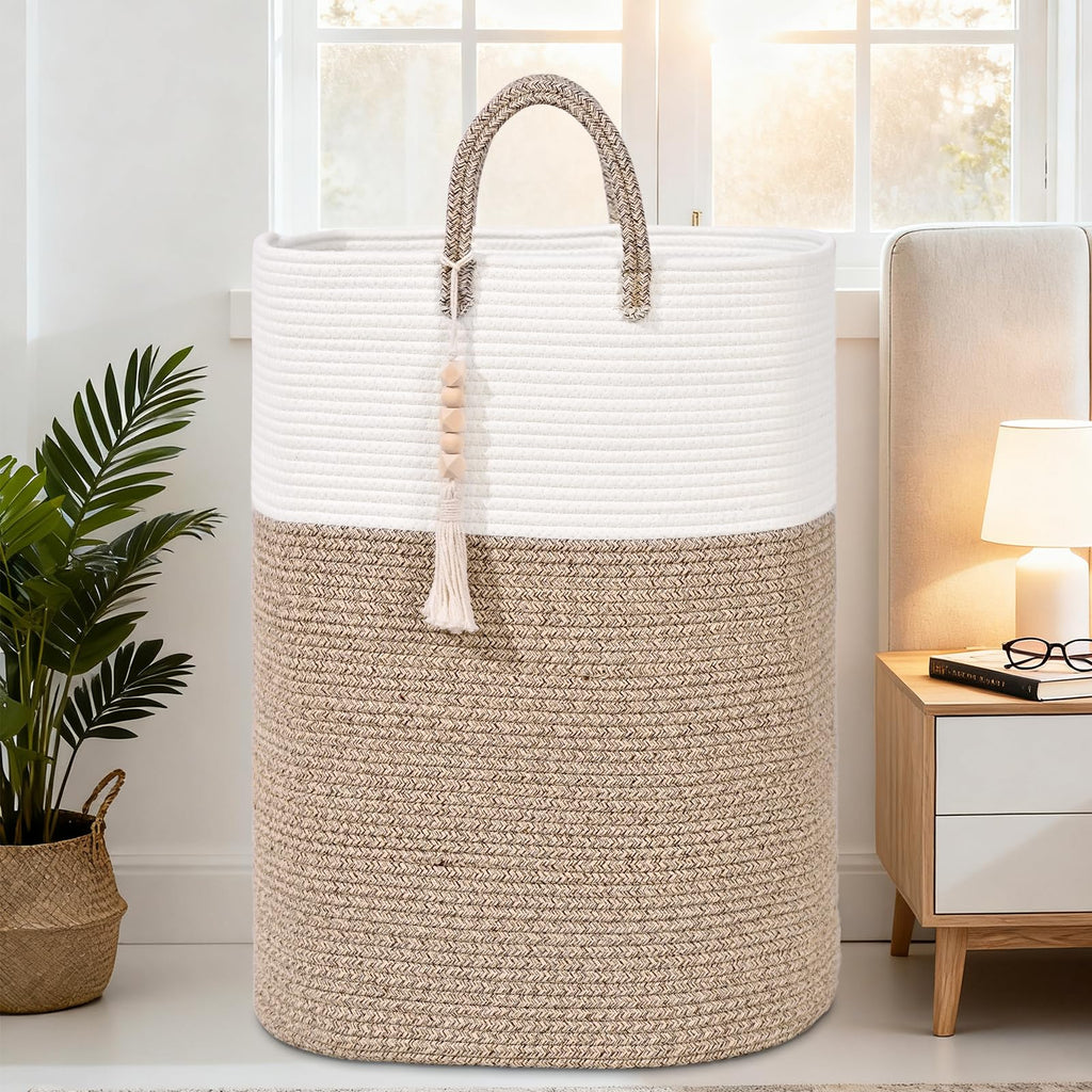 Woven Laundry Basket for Clothes, 80L Large Rectangle Laundry Hampers with Beads Tassel, Nursery Storage Basket for