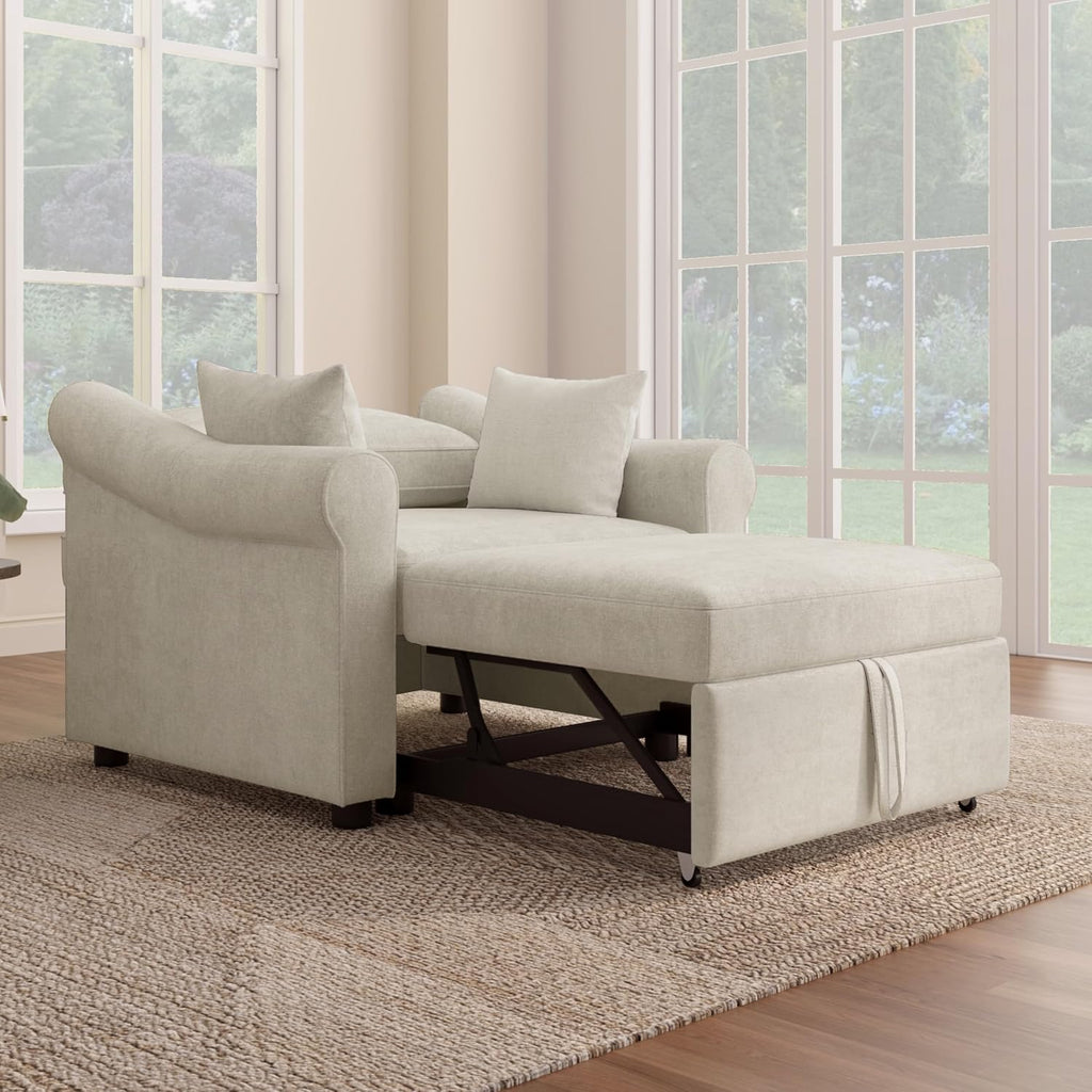 Convertible Sleeper Chair with Adjustable Backrest and Pillows, 3-in-1 Chenille Lounge Chair to Single Bed, Living