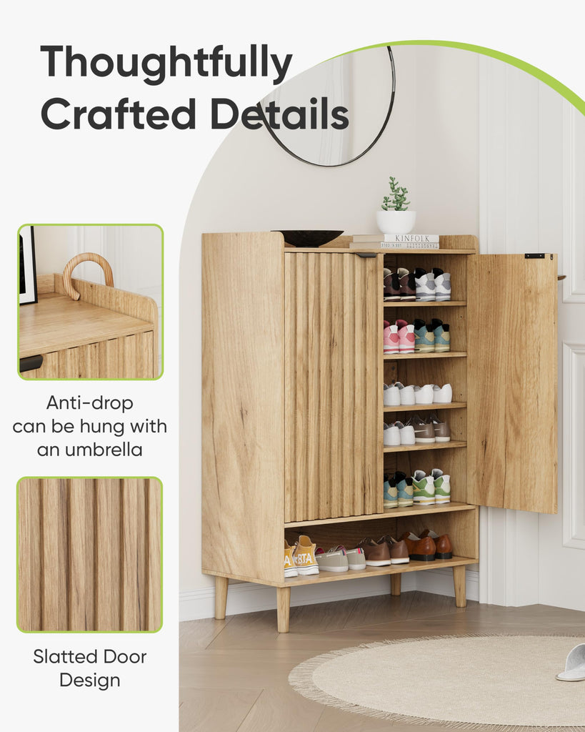 Shoe Cabinet, Large 6-Tier Shoe Storage Cabinet with Fluted 2 Doors, 44" Tall Freestanding Entryway Shoe Cabinet with