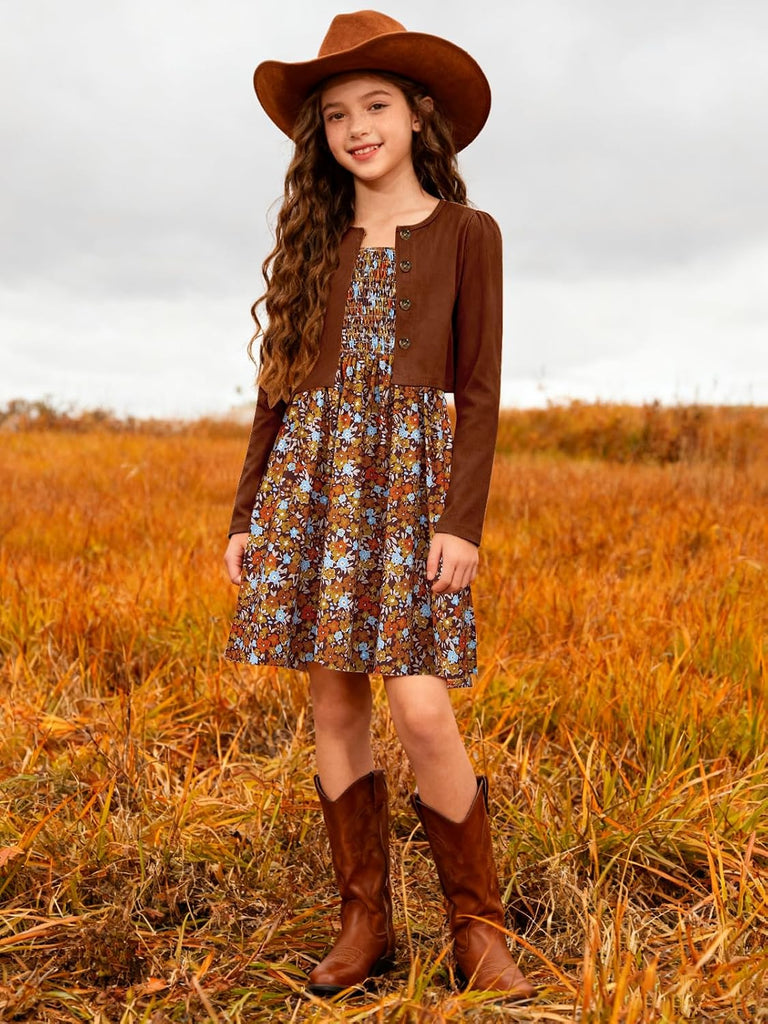 Girls Casual Adjustable Strap Sleveless Dress Cardigan Set