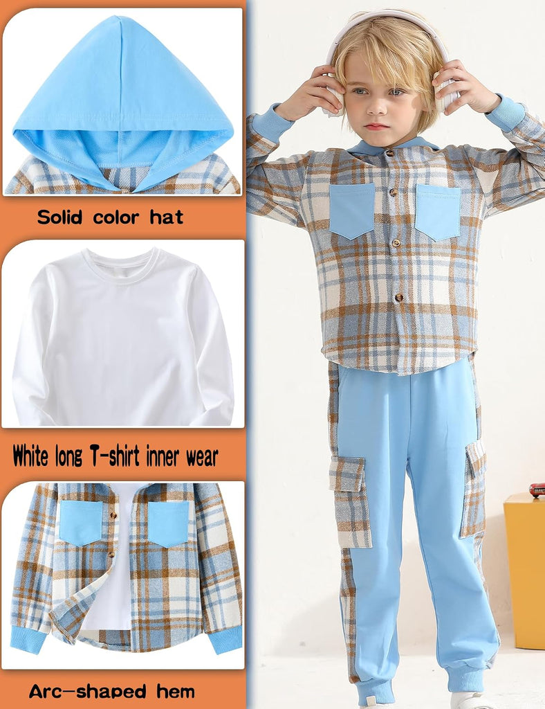 Boys 3 Piece Outfit Set,Flannel plaid shirt hoodie+ Plaid Patch Cargo Jogger Pants Toddler Little Clothes