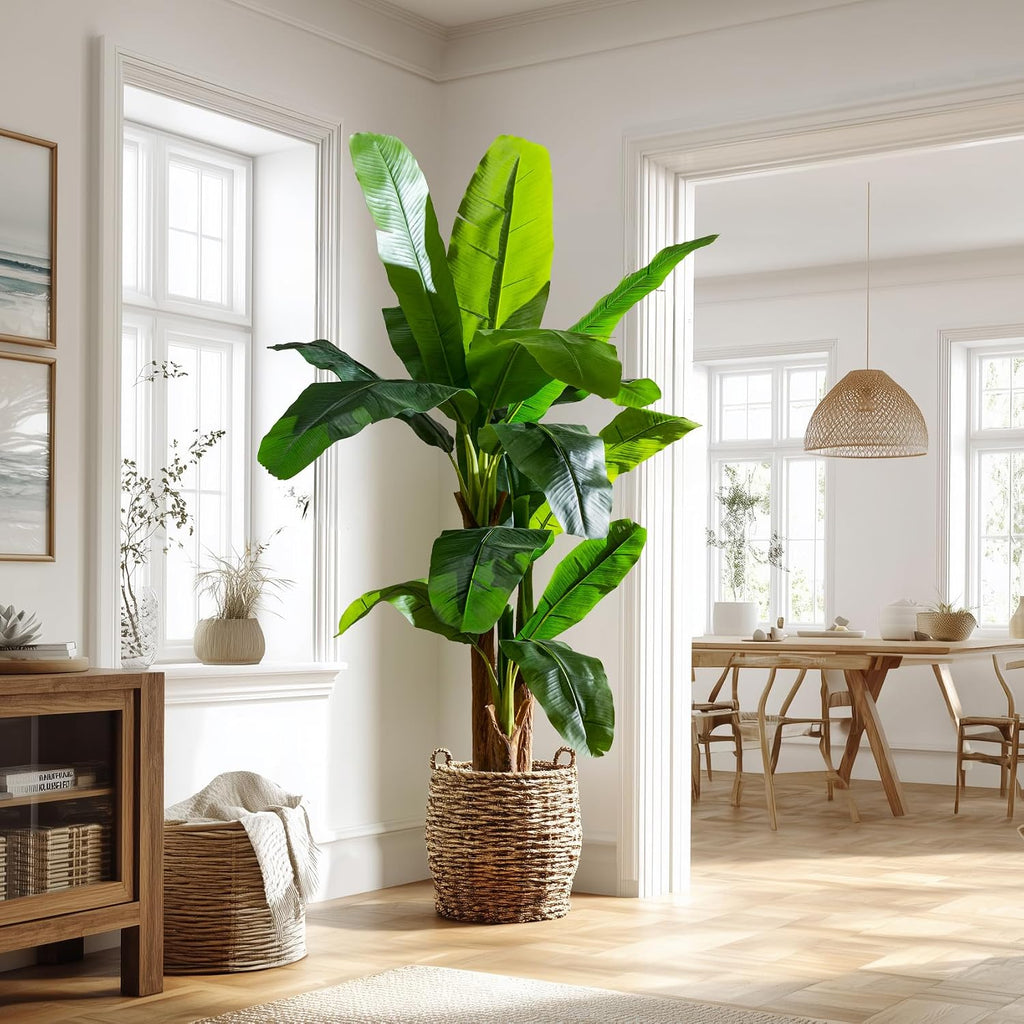 Artificial Banana Tree 6ft, Faux Tropical Palm Tree Plant with Realistic Leaves, Low Maintenance Indoor Outdoor Decor
