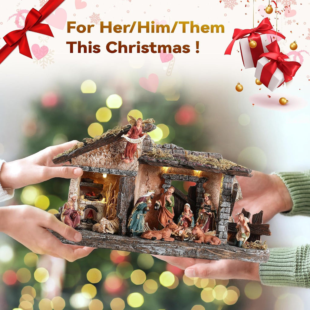 Nativity Scene Set with LED Lights,15.3" Resin Holy Family Character Stables Sculpture Manger Figurine for Indoor