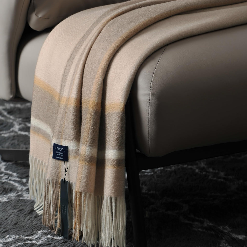 100% Pure Cashmere Throw Blanket for Sofa, Beige Border