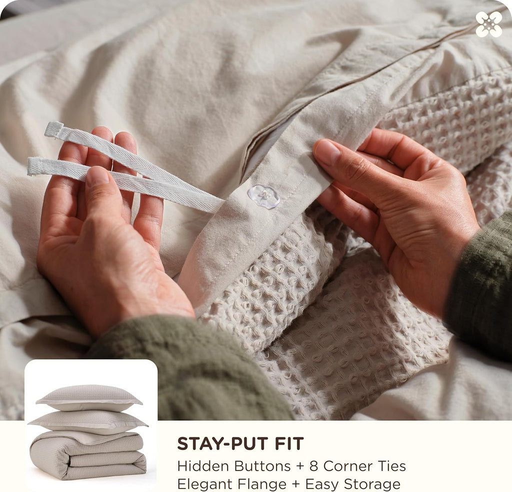 Cotton Duvet Cover Queen - 100% Cotton Waffle Weave Linen Color Duvet Cover Queen, PureWoven Breathable Bedding Set