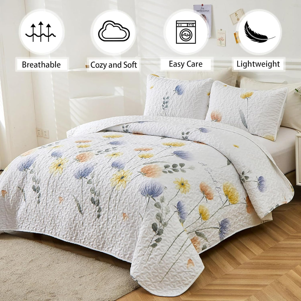 Floral Quilt Set Queen 3 Pieces Blue & Yellow Quilts Bedding Set Bohemian Bedspread Bed Cover Lightweight Spring