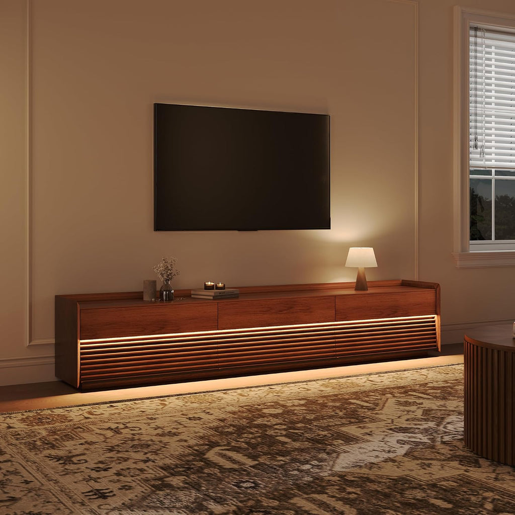 Mid Century Modern TV Stand, 94.49" Wood Media Console with Adjustable LED Light, Entertainment