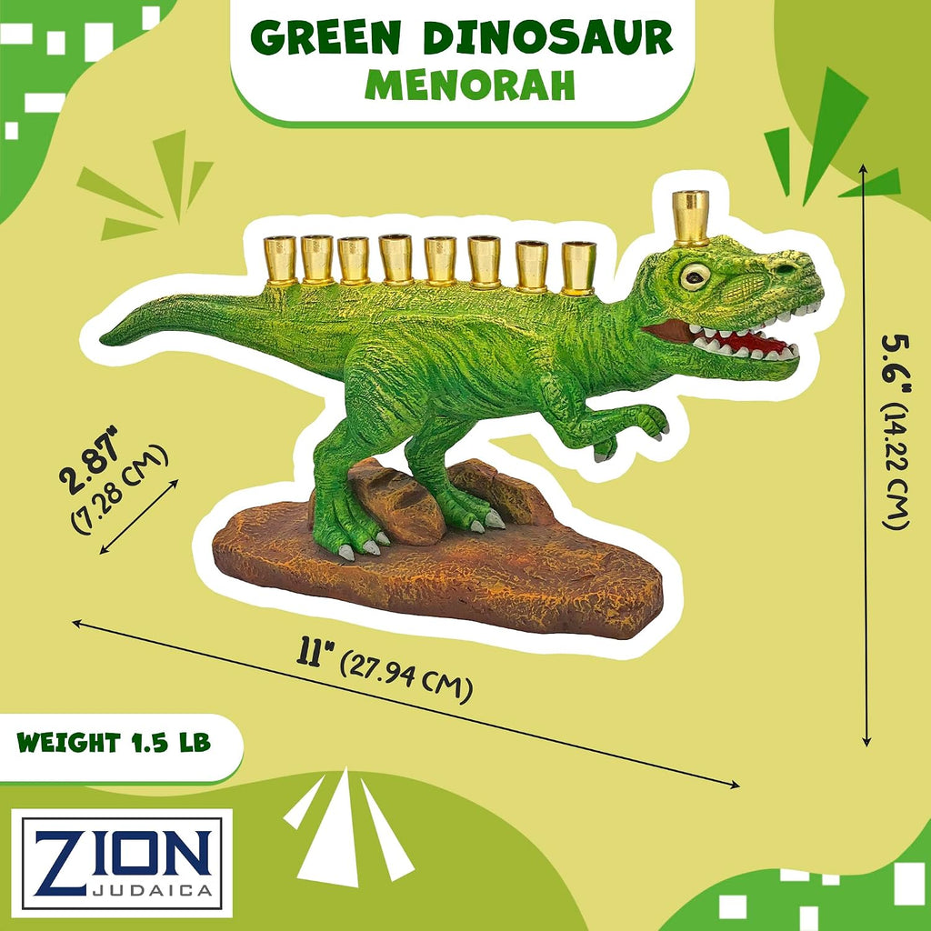 Zion Judaica Green Dinosaur Polyresin with Brass Cups Functional Kids Dino Candle Fits Standard Chanukah Candles