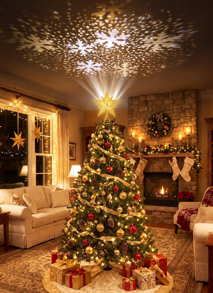 Star Tree Topper with Projector Lights - Double Star Style - Gold