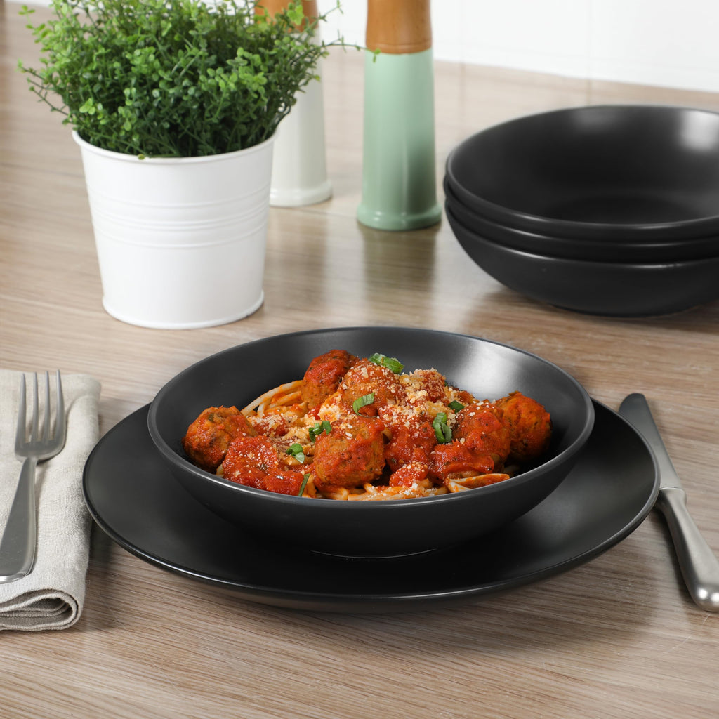 Queenslane 16-Piece Matte Black Stoneware Dinnerware Set - Double Bowl Plates and Bowls, Durable Kitchen Dinner Set