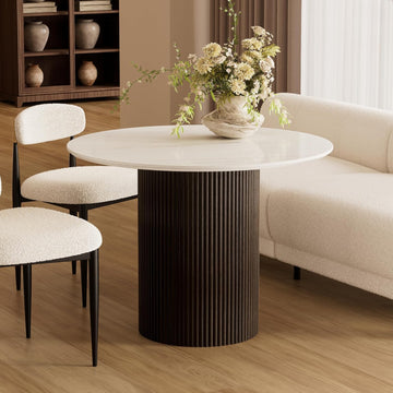 42 Inch Round Dining Table for 4, Modern Marble Dining Table with Fluted Solid Wood Base for Kitchen, Dining Room and
