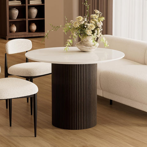 42 Inch Round Dining Table for 4, Modern Marble Dining Table with Fluted Solid Wood Base for Kitchen, Dining Room and