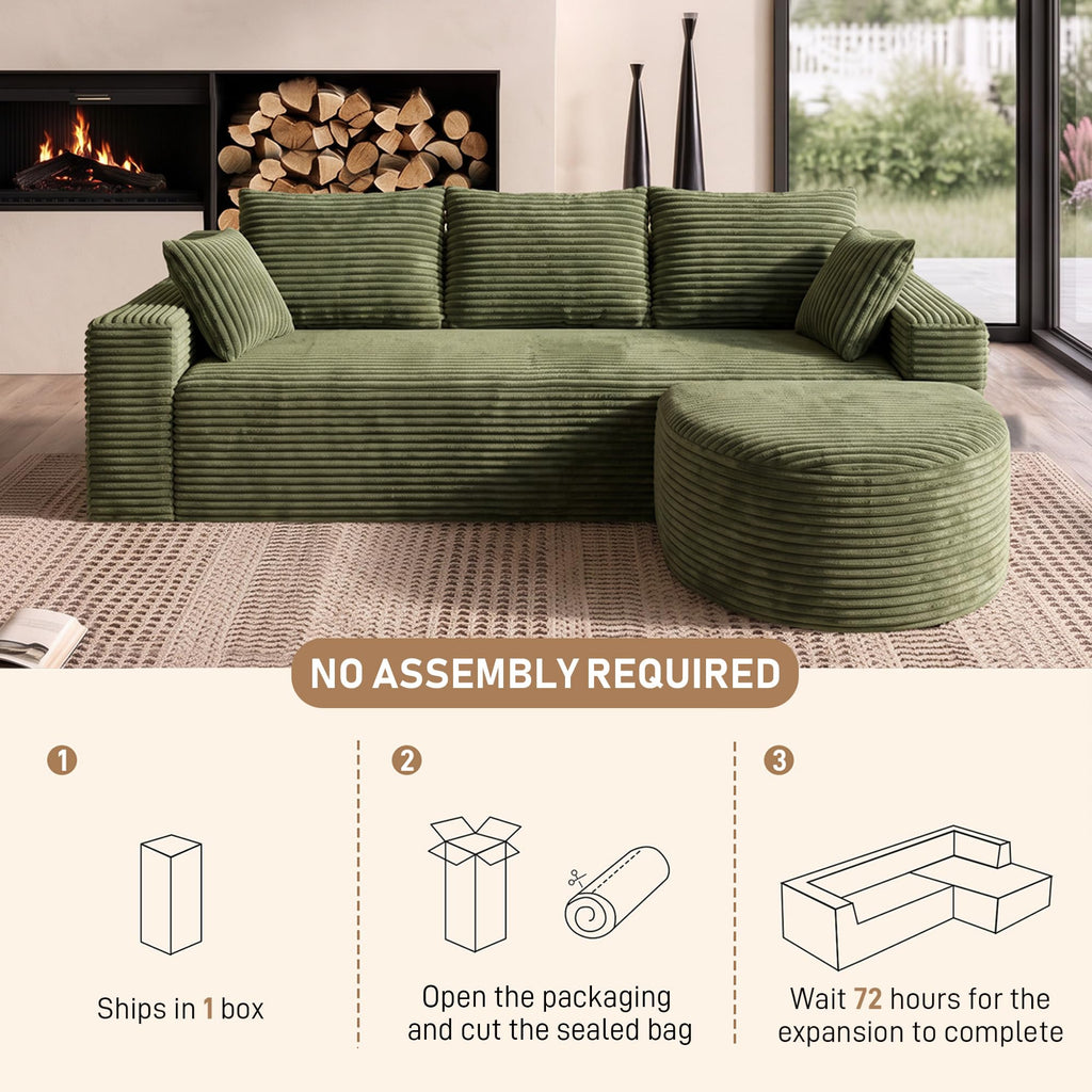94" L-Shaped Boneless Sectional with Curved Ottoman, Green
