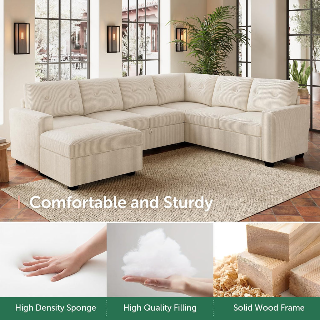 Corduroy Sectional Sleeper Sofa with Pull Out Bed, 7 Seaters 106 Inch U Shaped Setional Couch, Beige
