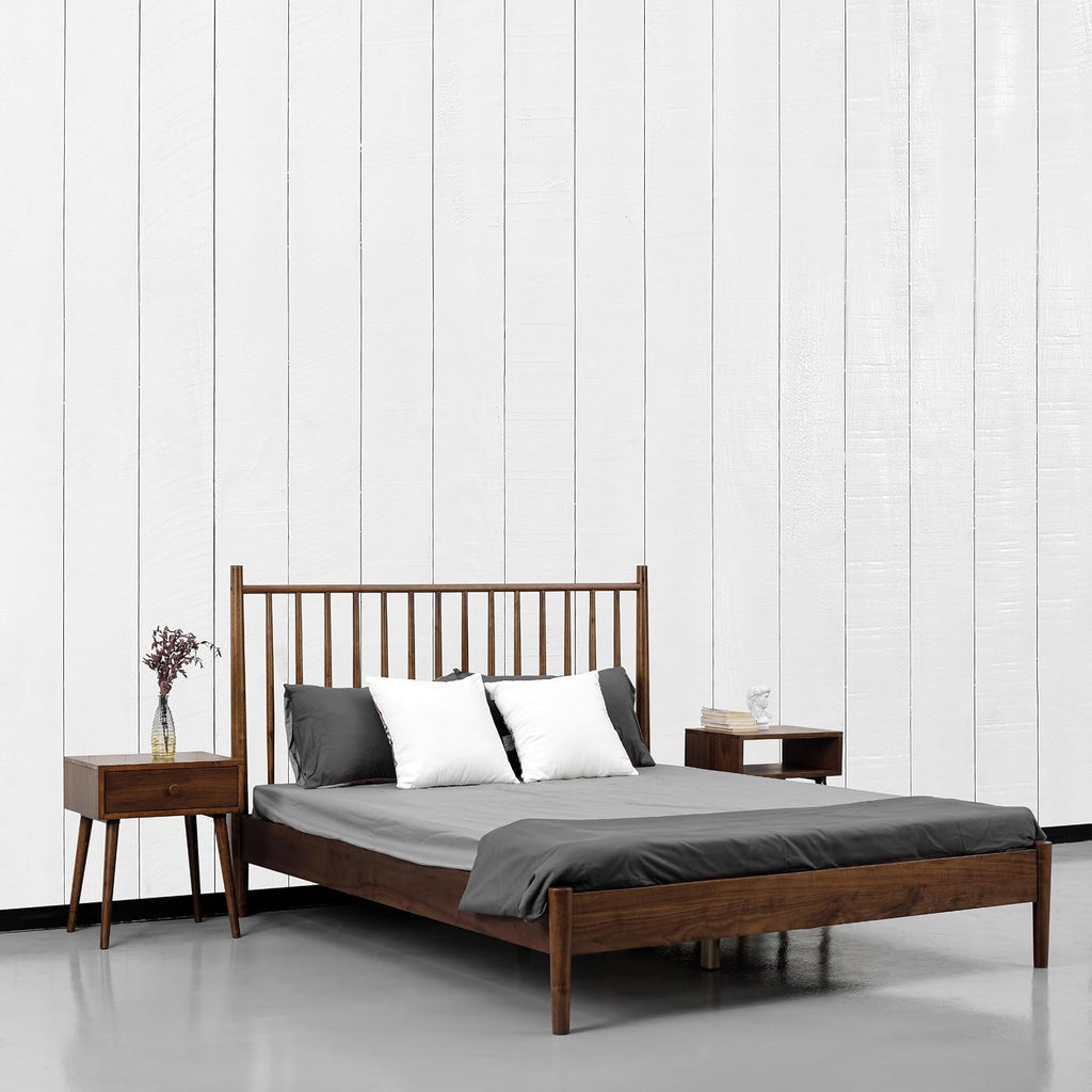 Inno Wooden Bed Frame with Headboard, Solid Oak and Rubber Wood Foundation with Silent Slats and Wood Central