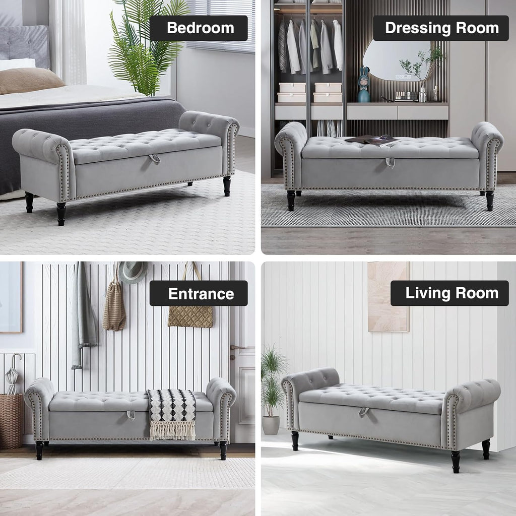 67" End of Bed Storage Bench King Size, Storage Bench End of Bed, Upholstered Velvet Tufted Storage Ottoman Benches