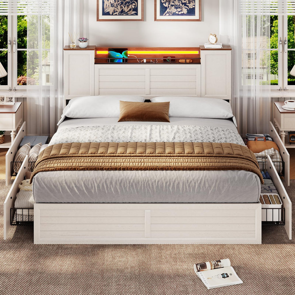 Farmhouse Bed Frame with Headboard and Double Barn Door Storage Cabinets, Rustic Wooden Bed Frame
