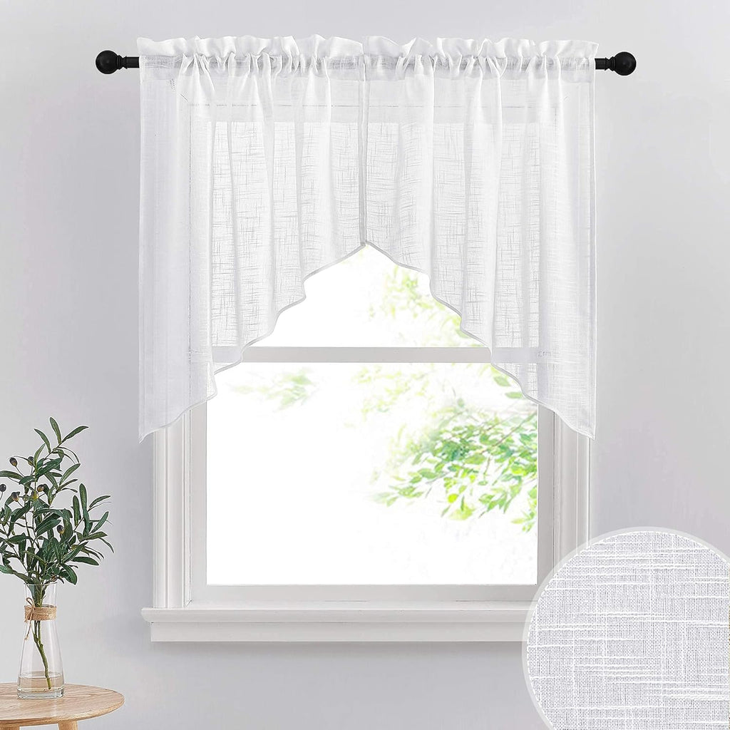 Short Kitchen Valances and Curtain Set, Privacy White Linen Swag Curtains, Semi Sheer Bathroom Tiers for Small