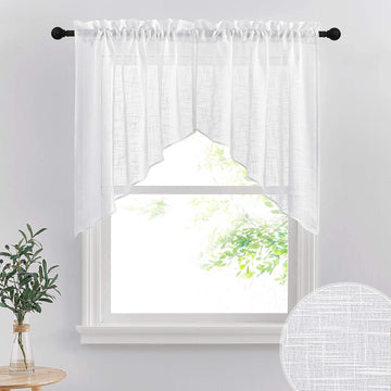 Short Kitchen Valances and Curtain Set, Privacy White Linen Swag Curtains, Semi Sheer Bathroom Tiers for Small