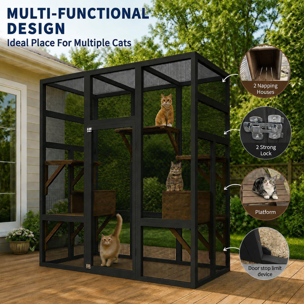 70" Catio Outdoor Cat Enclosure, Wooden Patio Cat House, Black