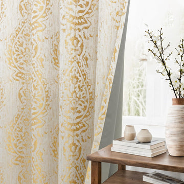 Gold Patterned Elegant Curtains, Blackout Damask Pattern Luxury Modern Design Contemporary Curtains, Wide 52 x 84