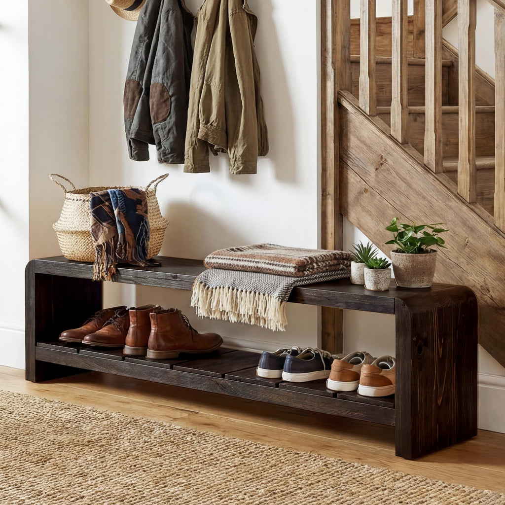 Solid Wood Entryway Bench with Shoe Storage, 59.06-Inch Long Shoe Bench with Open Shelf, Farmhouse End of Bed Seating