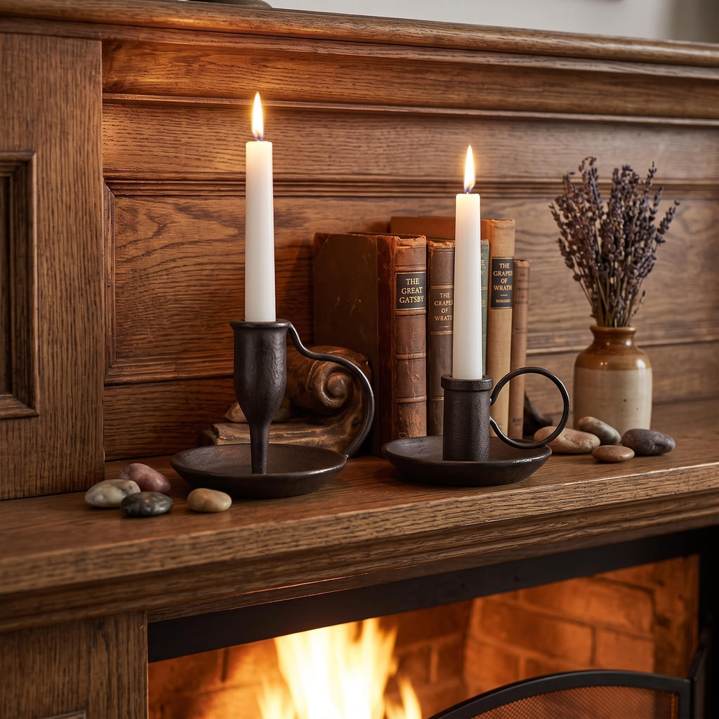 Matte Black Iron Candle Holder with Handle 2 Pcs Taper Candle Sticks Holder