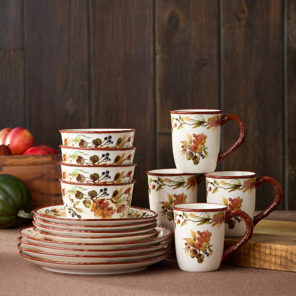 Autumn Meadows 16-Piece DINNERWARE SET, SERVICE for 4 - Complete harvest table artistry for four, uniting
