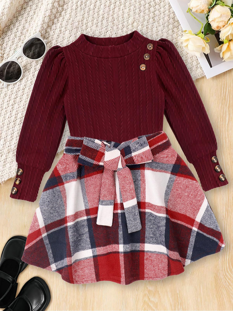 Girls Skirt Sets Fall Outfits Puff Sleeve Crewneck Ribbed Knit Tops and Plaid Skirt Set Kids Fall Winter Clothes