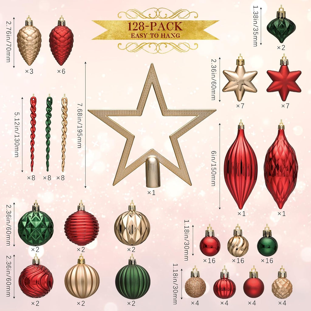 128-Pack Christmas Tree Ornaments Set, Classic Shatterproof Christmas Ball Ornaments Decorations - Plastic Hanging