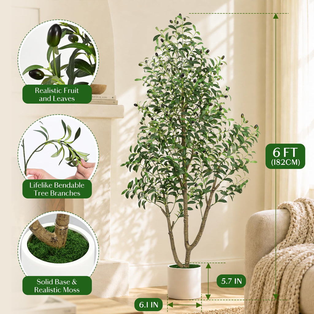 6 FT Tall Faux Olive Trees Artificial Indoor with Planter & Moss Realistic