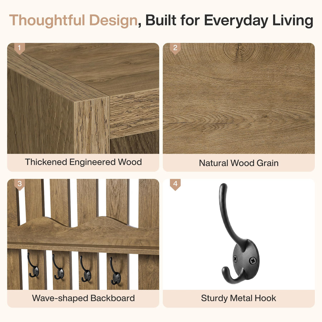 Farmhouse Hall Tree with Bench and Shoe Storage, Rustic Brown