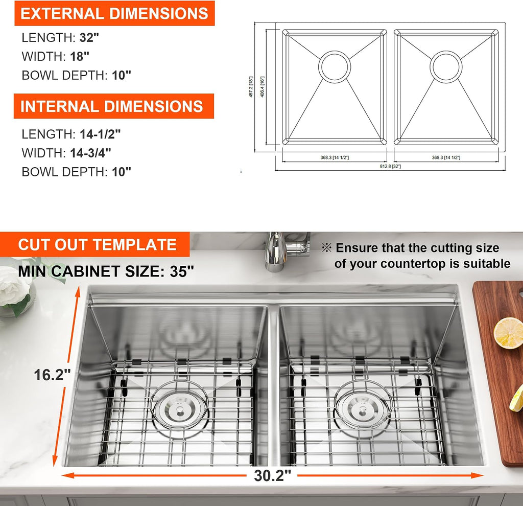 32 Inch Undermount Workstation Double Bowl Handmade Kitchen Sink | 304 Stainless Steel, 16 Gauge Thickness, Ledge for