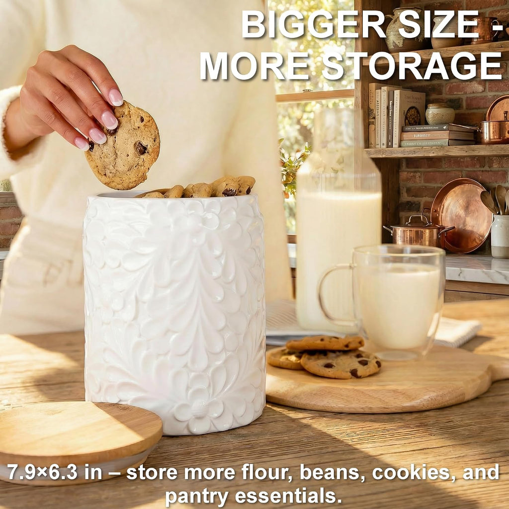 XXL 94 Oz Engraved Ceramic Kitchen Canister, Airtight Bamboo Lid