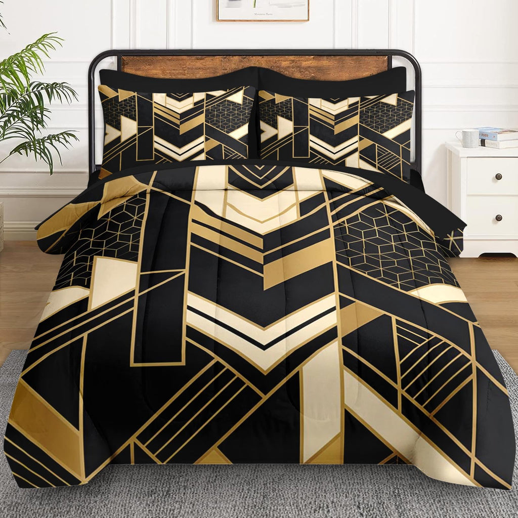 Full Comforter Set with Sheets, 7 Pieces Geometric Gold Bedding