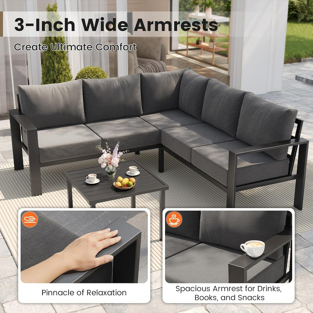 6-Piece L Shaped Outdoor Sectional Sofa, 6" Thick Cushion | Olefin Fabric Fade Resistant, Wide Armrest & Coffee