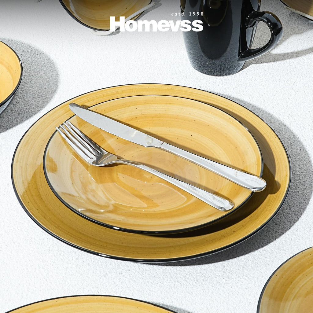 Sonoma 16 Piece Stoneware Dinner Set, Outside Black + Inside Handpainted Color Yellow with speckle