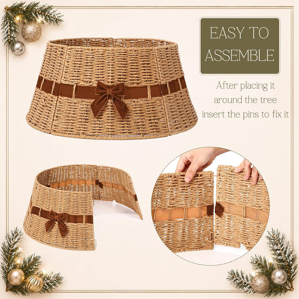 Wicker Christmas Tree Collar with Brown Velvet Bow 23.6 Inch