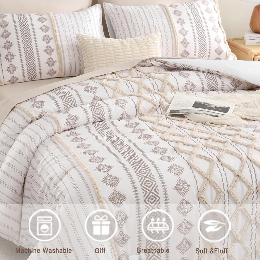 Tufted Boho Comforter Set Bed in A Bag, Shabby Chic Aztec Western Beige Bedding Tufted Decor Queen Size Bedding