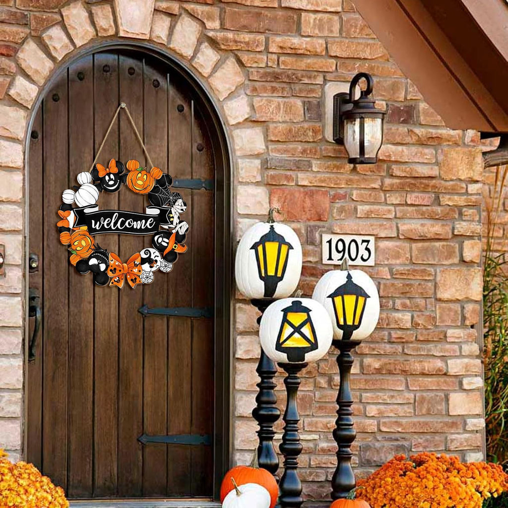 Halloween Mouse Wreath Door Decorations Welcome Hanging Sign, Happy Halloween Front Door Hanger Decor, Cute Wooden