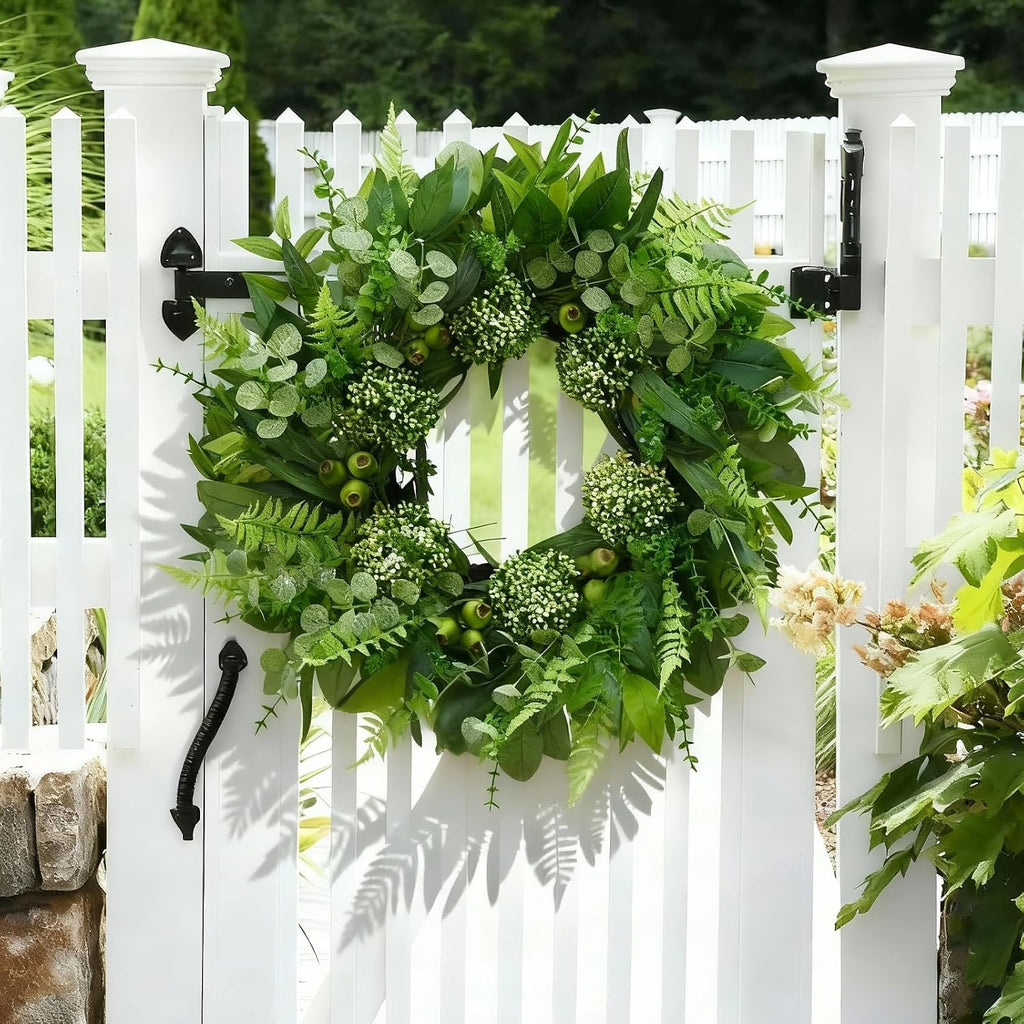 24 Inch Artificial Greenery Wreath for Front Door - Green Wreath with Eucalyptus and Fern Leaves, Spring Summer Fall