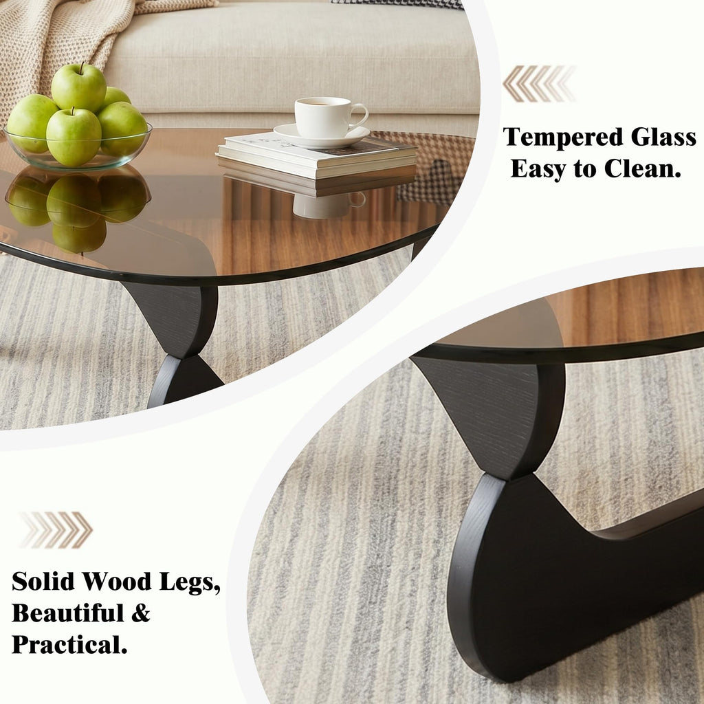 Modern Glass Coffee Table, Mid Century Solid Wood Table, Small Center Table for Reception Office, Black
